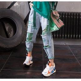 Cotton High Waist Cargo Pants Hole pants embroidered letters jeans women loose thin large size nine points wide leg