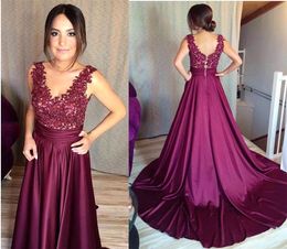 Dark Grape Sleeveless A Line Formal Evening Dresses Deep V Neck Lace Top Sexy Low Back Long Prom Gowns Vintage Party Dress B94 0509 0510