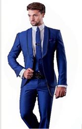 Royal Blue Groom Tuxedos Shawl Lapel Man Work Business Suit Wedding Party Prom Suits (Jacket+Pants+Vest+Tie) J275