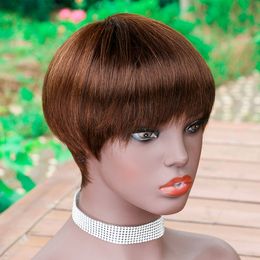 4/30 Brown Blonde Short Wigs Pixie Cut Real Human Hair Brazilian Remy Straight Glueless Wigs For Black Women Full Machine Made Non Lace Wig