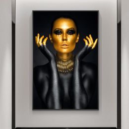 -Black Gold Nude Sexy Frau Leinwand Gemälde an der Wand Poster und Drucke Gold-Gesichts-Mädchen-Kunst-Abbildung Hauptwanddekor Cuadro