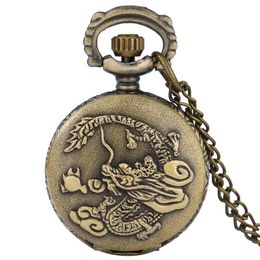 Bronze Vintage Retro Dragon Pattern Small Size Pocket Watches Mens Womens Quartz Analog Watch Necklace Chain reloj de bolsillo3117