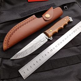 1Pcs New Survival Straight Knife 7Cr17 Laser Pattern Drop Point Blade Full Tang Rosewood Handle Hunting Knives With Leather Sheath