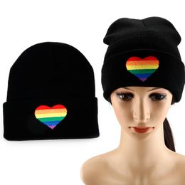 Rainbow Heart LGBT Lesbian Gay Hat Cap Hip Hop Beanies Knitted Winter Warm Cap Adjustable Cool Embroidery Hat Cosplay Gift