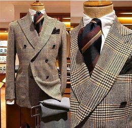 newest handsome houndstooth formal woolen custom made peaked lapel blazer men coat double breasted men suits tuxedos long suit for man