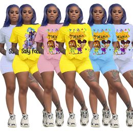 Summer Women Shorts Tracksuit Cartoon Print Short Sleeve T-shirt Tops + Shorts Two Piece Set Fashion Outfits Jogger Sportswear Suit 6 Colour