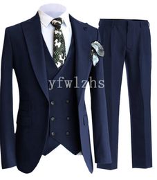 New Style One Button Handsome Peak Lapel Groom Tuxedos Men Suits Wedding/Prom/Dinner Best Man Blazer(Jacket+Pants+Tie+Vest) W264