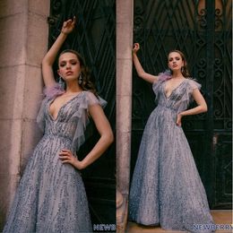 Evening Dresses Sexy V Neck Short Sleeves Lace Sequins Beads Prom Gowns 2020 Custom Made Sweep Train A Line Special Occasion Dress