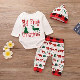 Christmas Baby Clothes Infant Boy Letter Romper Plaid Pants Hat 3pcs Set Check Newborn Girl Bodysuits Xmas Baby Clothing DW4497