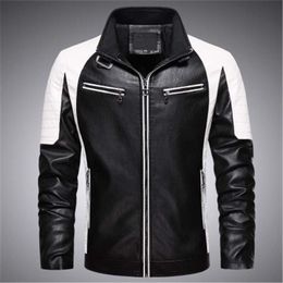 Man Colorblock PU Leather Jackets Fashion Panelled Motorcycle Wash Outerwear Designer Male New Stand Collar Long Sleeve Slim Zipper Jacket
