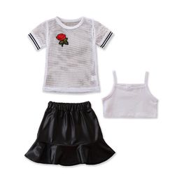 2020 Summer fashion girls suits Girls Outfits kids designer clothes girls T shirt+tank+Pu leather skirts 3pcs/set kids clothes