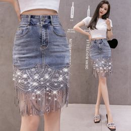 QNPQYX New Summer Korean Sexy Women Denim Mini Skirts High Waist Blue Package Hip Jeans Fashion Beading Tassel Skirt Jupe Femme