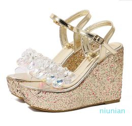 Hot sale-12cm silver gold sequined crystal shoes bridal wedding shoes platform wedge high heels designer sandals size 34 to 40