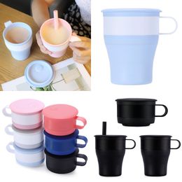 Folding Silicone Cup 16oz Portable Foldable Milk Water Cups Outdoors Travel Collapsible Coffee Mug with Straws