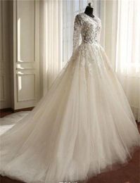 2021 White A line Vintage Bride Dresses Elegant Lace Long Sleeves Full Length Sheer Bodice Tulle Bridal Wedding Party Ball Gown315m