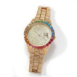 Wholeslae Hiphop colors wrist-watches,Casual minimalist watch hip hop diamond-encrusted rainbow gradient calendar quartz watch