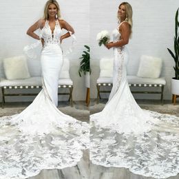 Stunning Mermaid Beaded Lace Backless Wedding Dresses Deep V Neck Plus Size Bridal Gowns Tulle Trumpet robe de mariée