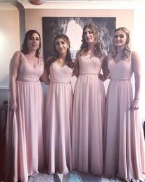 Setwell V-neck A-line Bridesmaid Dresses Sleeveless Lace Appliques Sequins Pleated Chiffon Floor Length Maid Of Honor Gowns