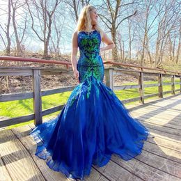 Blue Sequined Mermaid Backless Prom Dresses Bateau Neck Sweep Train Evening Gowns Organza Sweep Train Formal Dress