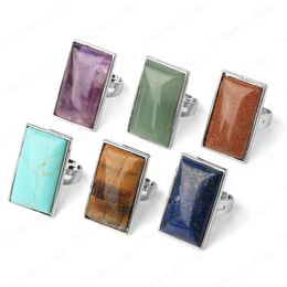 Rectangle Natural Stones Finger Rings Silver-color Adjustable Ring Healing Crystal Pink Quartz Women Statement Jewellery