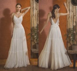 spaghetti beach wedding dresses 2023 backless lace flowy chiffon skirt summer bohemain garden bride wedding gown suknie slubne