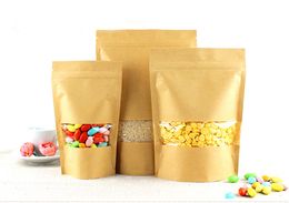 14*20+4cm 500pcs Stand Up Clear Window Brown kraft paper bags with Zipper lock for Food/Tea/Nut/Coffee Resealable Packaging Bag