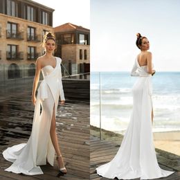 Plus size vestidos de noiva vestidos nupciais um ombro lantejoulas lining illusion vestidos de casamento manga longa lado Split Vestido de Noiva