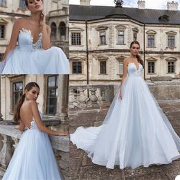 light sky blue bling aline wedding dresses illusion custom made backless appliqued sequins bridal gown sweep train boho bridal gown