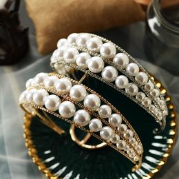 Korean Pearls Headband Wedding Bridal Hairband Crown Tiara Crystal Rhinestone Double Pearl Hair Accessories Bands Women Fashion Headdress Ornament Silver Gold