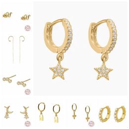 real 925 Sterling For Women Girls Star Zircon Earrings Silver Gold Color Huggie Hoop Earring Oorbellen Gifts A30