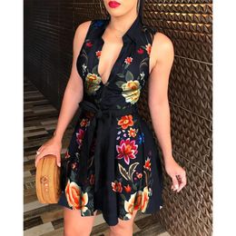 2020 Fashion Print Band Dress for Women Summer Dress Sexy Casual Peacock Floral Print Tie Waist Sleeveless Shirt Short Dresses