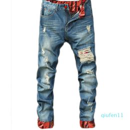 Hot sale-Mens Casual Straight Jeans Retro Slim Skinny Jeans Fashion Designer Ripped Men Hip Hop Light Blue Denim Pants