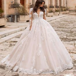 Pink Wedding Dresses Princess Men Women Bridal Ball Gowns Long Sleeves Princess Lace Appliques Wedding Gowns Petites Plus Size Custom Made