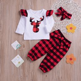 Baby Girl Designer Clothes Christmas Elk Printed Tops Plaid Pants Headband 3PCS Sets Xmas Toddler Girl Outfits Christmas Baby Clothing 4186
