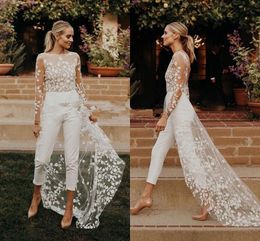 Bohemian Lace Wedding Dress with Jumpsuit 2020 Modest Long Sleeve Backless Jewel Countryside Beach Bride Pant Suit with Train275U