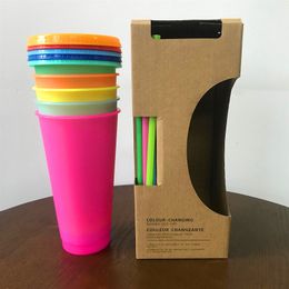 FedEx 710ml Creative Temperature Colour Changing Cup with Straw and Lid Plastic Discoloration Mugs Summer Drink Water Bottle