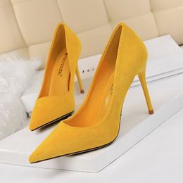 OL Office Lady Shoes Faux Suede High Heels Woman Pointed Toe Dress Shoe Basic Pumps Women Boat Zapatos Mujer