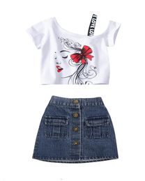 Ins Summer 2020 girls suits T shirt+Denim skirts 2pcs/set fashion girls outfits kids designer clothes girls clothes