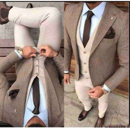 Winter Fashion Beige Donegal Tweed Groom Tuxedos Notch Lapel One Button Men Wedding Tuxedos Men Dinner Party Suit(Jacket+Pants+Tie+Vest)162