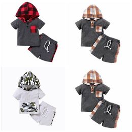 Baby Clothes Set Plaid Printed Toddler Girl Hooded Shirts Shorts 2PCS Sets Camouflage Children Boy Tracksuit Kids Outfits Bodysuits LSK467