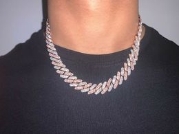 14mm Iced Pink cuban Link Prong Choker Necklace Silver rose Gold Cuban Link With White &Pink Diamonds Cubic Zirconia Jewellery 7inc274a