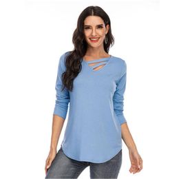 Women Long Sleeve V-neck T-shirt Fashion Trend Solid Color Crew Neck 2 Decorative Strips Tees Designer Female Casual Loose Top Shirt Clothes