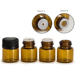 5400pcs/Lot 1ml (1/4 dram) Amber Glass Essential Oil Bottles Perfume Sample Tubes Mini Brown Bottles With Plug And Black Caps DHL SN4518