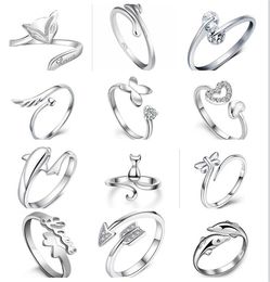 12 style choice plating 925 Sterling Silver Rings Dolphins Dragonfly Wings Of The Angel Love heart Fox Butterfly Opening Adjustable Ring
