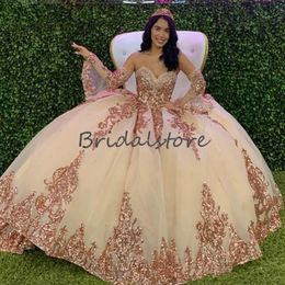 Vintage Rose Gold Quinceanera Dresses With Sleeves Ball Gown Sweeetheart Puffy Prom Dresses 2020 Princess Sequins Appliques Sweet 16 Dress