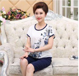 Women Sets 2 Pieces printing cotton Clothing Set Large Size XL-4XL 2020 Summer Middle aged mother High quality brand Tops+Pants