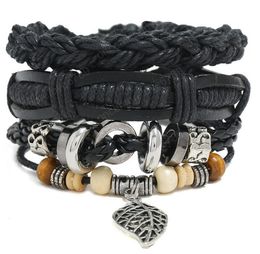 Hot sale 100% genuine leather bracelet DIY Wax rope leaf Pendants Beading Men's Combination suit Bracelet 3styles/1set