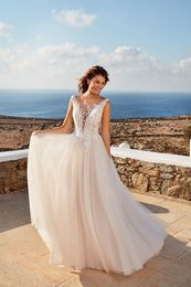 Eddy K A Line Wedding Dresses Sheer V Neck Lace Appliques Tulle Bridal Gowns Illusion Backless Beach Sweep Train Wedding robes de 245S