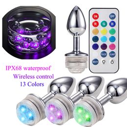 Plug anal LED plugue anal de metal com controle remoto luz colorida massageador de próstata brinquedos sexuais para mulheres e homens