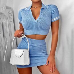 Womens Two-Piece Set Short Sleeve Casual Bodycon Outfits Button Crop Top Knitting Ribbed Fashion Women Skirt Co-ord Set 4 Colours
